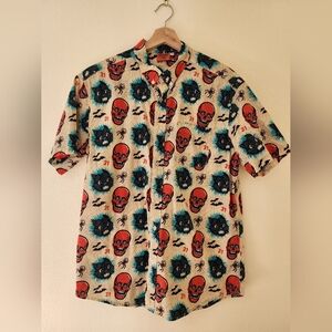 Graphic Skull & Teal Burst Short-Sleeve Button-Down Shirt - Cream